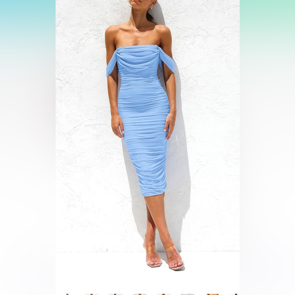 Blue ruched midi dress